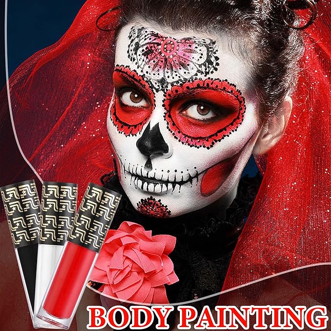 3 PCS Matte Black & White & Red Liquid Lipstick,Professional Halloween Special Effects Makeup Long Lasting Waterproof Face Body Paint Lip Gloss for Cosplay Goth Makeup