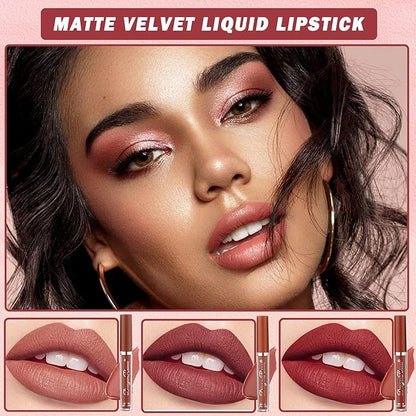 3 Colors Nude Matte Lipstick Set Liquid Lipstick Velvet Nude Pink Lipstick Lip Stain Long Lasting Waterproof,Non-Stick Cup Not Fade Lip Gloss Lipstick for Women Lip Makeup Lip Stick Set A