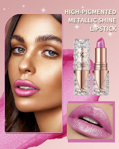 Metallic Glitter Nude Pink Lipstick Long Lasting,Diamond High Shine Shimmer Liquid Lipstick Transfer Proof Non-Stick Lip Gloss,High Impact Full Coverage Lip Color Creamy Lip Stick Makeup for Women-04
