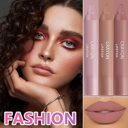 3 Pcs Nude Crayon Lipstick Set,Matte Velvet Lipstick Lip Crayon Nourishing Non-Stick Cup Lip Stain Lip Gloss,Long-lasting Waterproof Lip Stick Lip Makeup for Women(Set A)