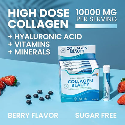 Swedish Nutra - Collagen Beauty | 10,000 mg Hydrolyzed Marine Collagen Liquid Supplement - 20 x 25 ml Daily Shots | Hyaluronic Acid and Vitamin C to Support Healthy Hair, Skin, Nails | Sugar-Free
