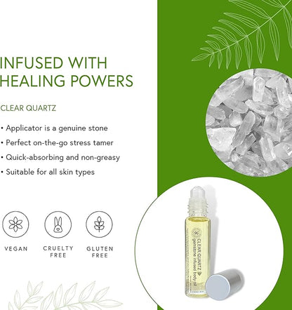 Honeybee Gardens Crystal Infused Body Oil Rollerball, Clear Quartz, Organic, Moisturizing, Non-Greasy, for All Skin Types, 2 Fl Oz
