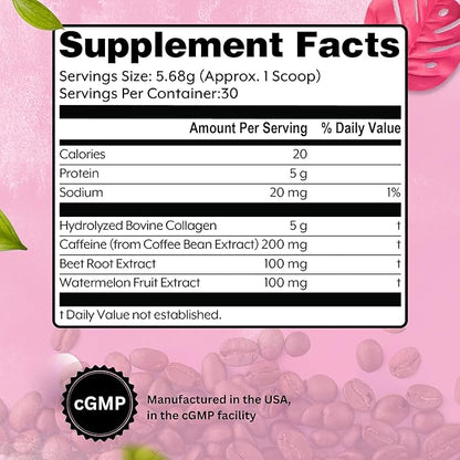 Collagen Peptides with Caffeine 200 mg, Powder, Grass Fed, for Hair, Skin, Nails and Energy Support, Gluten Free, Unflavored, 6.01 oz