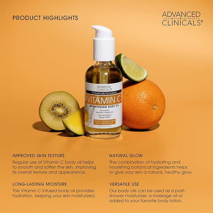 Advanced Clinicals Vitamin C Body Oil Skin Care Moisturizer W/Vitamin E & Turmeric - Nourishing, Brightening, & Hydrating Body Oil To Improve Look Of Dark Spots, Dry Skin, & Stretch Marks, 3.8 Fl Oz