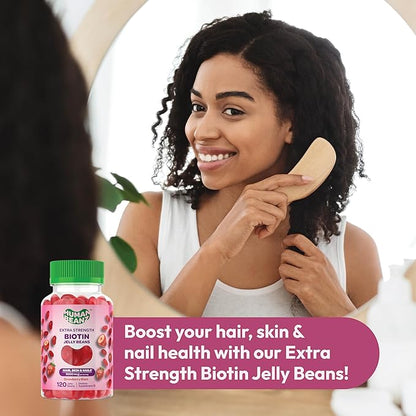 Biotin Jelly Bean Gummy Vitamins, Extra Strength Biotin for Hair, Skin and Nails, 5000mcg per Serving, Hair Growth Vitamins for Men and Women, 120 Strawberry Blast Jelly Beans, Kosher