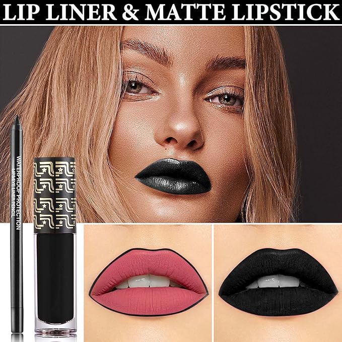 2Pcs Black Lip Liner and Lipstick Set,Matte Black Smudge