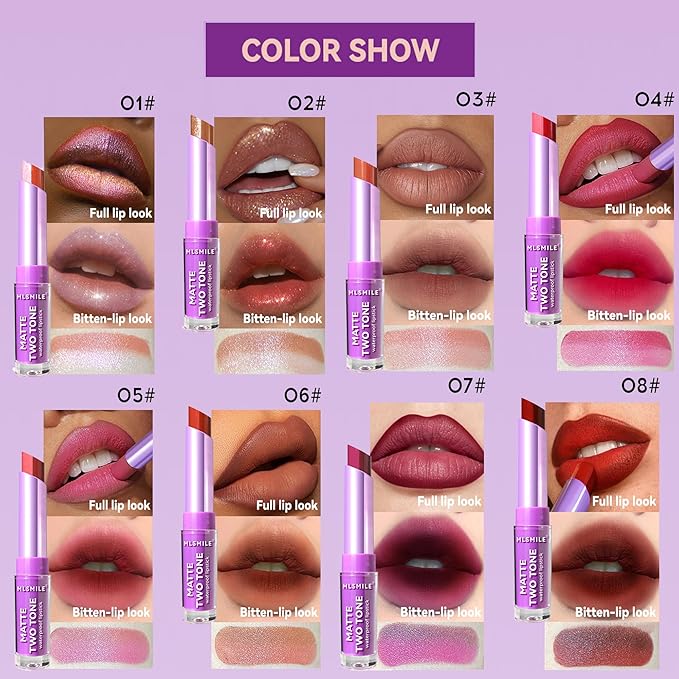 Pink Lip Gloss Two Tone Matte Lipstick, Long Lasting Moisturize Non-Sticky Bitten Lip-look Lip Makeup, Silk Finish Matte Lipstick, High Pigment 2 In1 Two-Tone Lip Waterproof Lipstick for Women (#05)