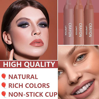 3 Pcs Nude Crayon Lipstick Set,Matte Velvet Lipstick Lip Crayon Nourishing Non-Stick Cup Lip Stain Lip Gloss,Long-lasting Waterproof Lip Stick Lip Makeup for Women(Set B)