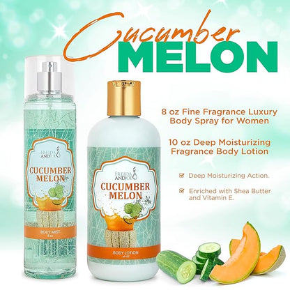 Home Spa Gift 10oz Deep Moisturizing Fragrance Body Lotion & 8 oz. Fine Fragrance Body Mist Set Luxury Self-Care Combo for Women and Girls (Cucumber Melon) Mother’s Day Gift for Mom
