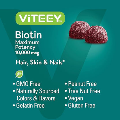 Biotin Gummies for Hair Skin Nails 10,000mcg - Hair Growth Gummies, Healthy Skin Glow, Strong Healthy Nail Growth - Vegan, Gluten Free, Gelatin Free, GMO Free - Tasty Chewable Raspberry Flavor