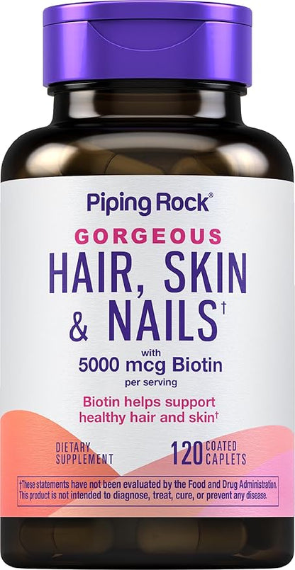 Piping Rock Hair Skin and Nails Vitamins | 120 Caplet Pills | with Collagen | 5000 mcg of Biotin | Non-GMO, Gluten Free Supplement