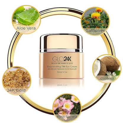 GLO24K Eye Cream with 24k Gold, Hyaluronic Acid, Rosehip Oil, and Vitamins. Minimizes wrinkles and fine-lines around the eyes