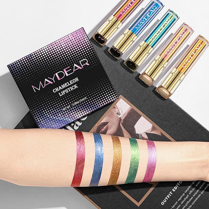 Maydear Chameleon Lipstick for Women, Multichrome Lip Stick Set Color Changing Blue Gold Green Pink Lipstick Makeup Kit Long Lasting Metallic Lip Gloss for Girls