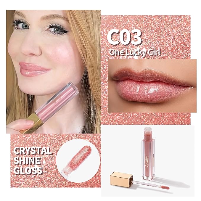 Oulac Sheer Pink Glitter Lip Gloss with Mirror Finish Moisturizing & Reduce Fine Lines Lip Oil Refuse Chapped Lips Non Sticky Lip Gloss for Girls Women, 4.5ml/0.15fl.oz,One Lucky Girl(C03)