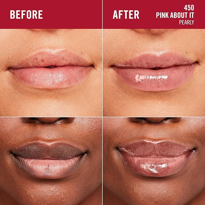 Rimmel London Stay Glossy, 450 Pink About It, Lip Gloss, Non-Sticky, Cruelty-Free, Color and Shine, Up To 6-Hour Wear, Precise Applicator, 0.18oz