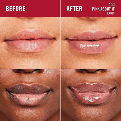 Rimmel London Stay Glossy, 450 Pink About It, Lip Gloss, Non-Sticky, Cruelty-Free, Color and Shine, Up To 6-Hour Wear, Precise Applicator, 0.18oz