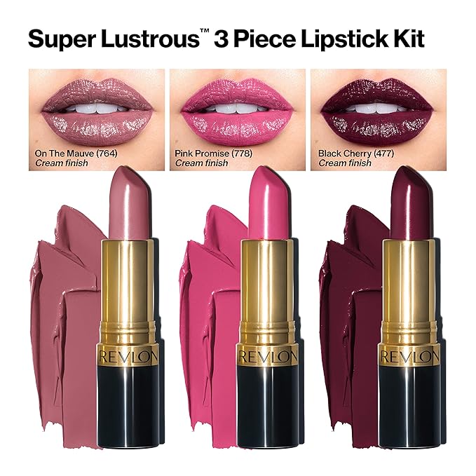 REVLON Lipstick Set, Super Lustrous 3 Piece Gift Set, High Impact, Moisturizing, Cream Finish in Pink, Plum & Berry, Pack of 3