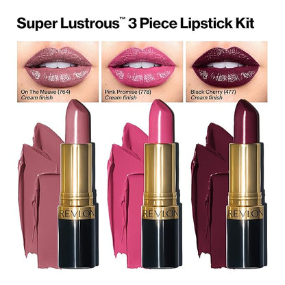 REVLON Lipstick Set, Super Lustrous 3 Piece Gift Set, High Impact, Moisturizing, Cream Finish in Pink, Plum & Berry, Pack of 3